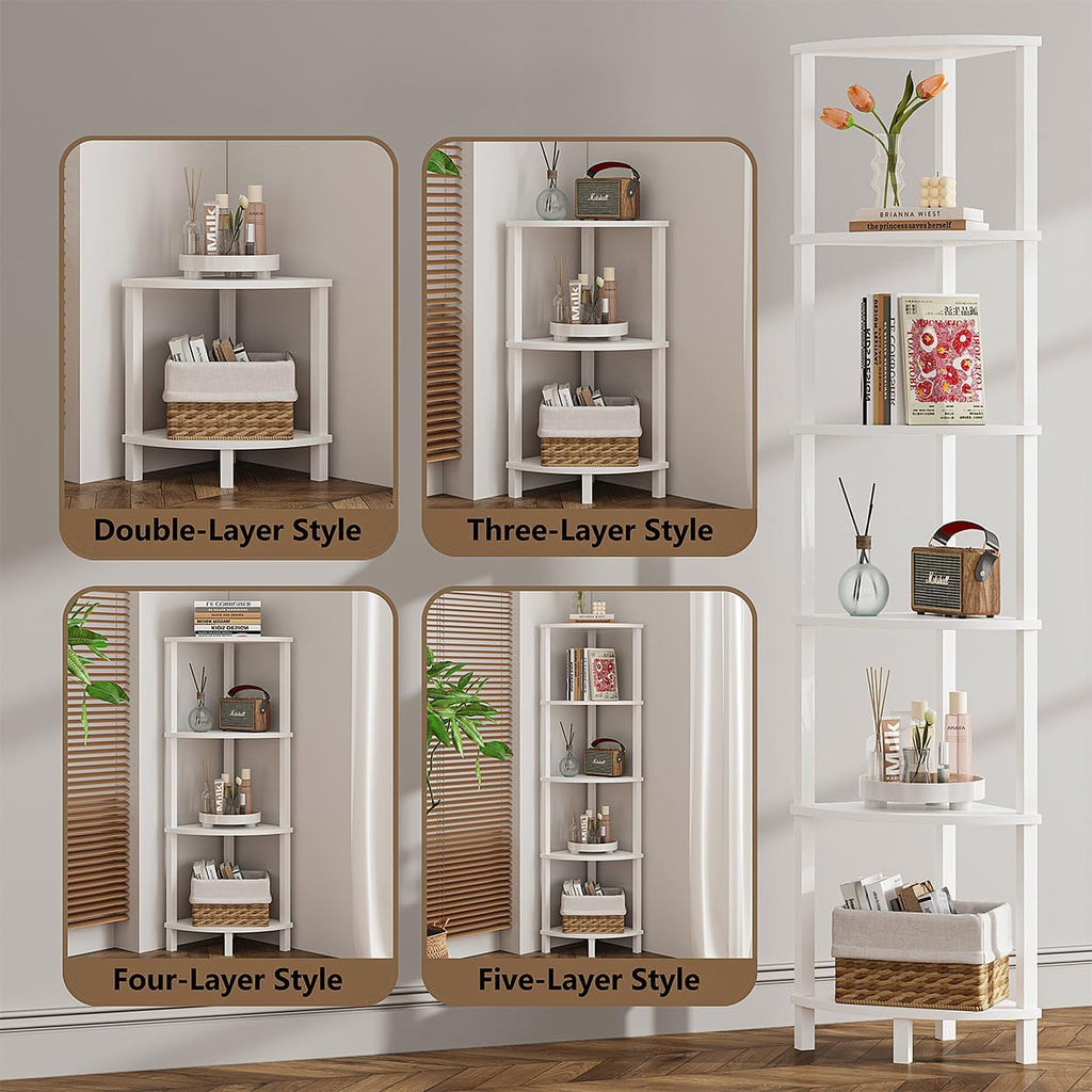 VIMBER Corner Shelf, 6-Tier Corner Bookshelf, Industrial Corner Ladder Shelf, DIY Storage Shelves, Modern Display Shelf for Living Room, Bedroom, Kitchen, Home Office, White UJSJ004W