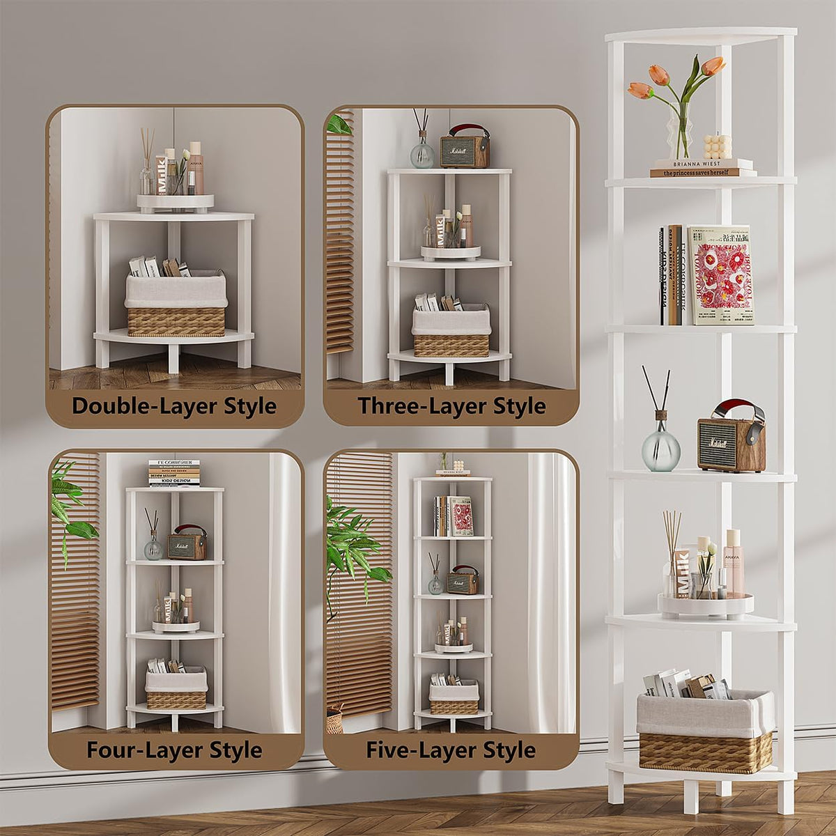 VIMBER Corner Shelf, 6-Tier Corner Bookshelf, Industrial Corner Ladder Shelf, DIY Storage Shelves, Modern Display Shelf for Living Room, Bedroom, Kitchen, Home Office, White UJSJ004W