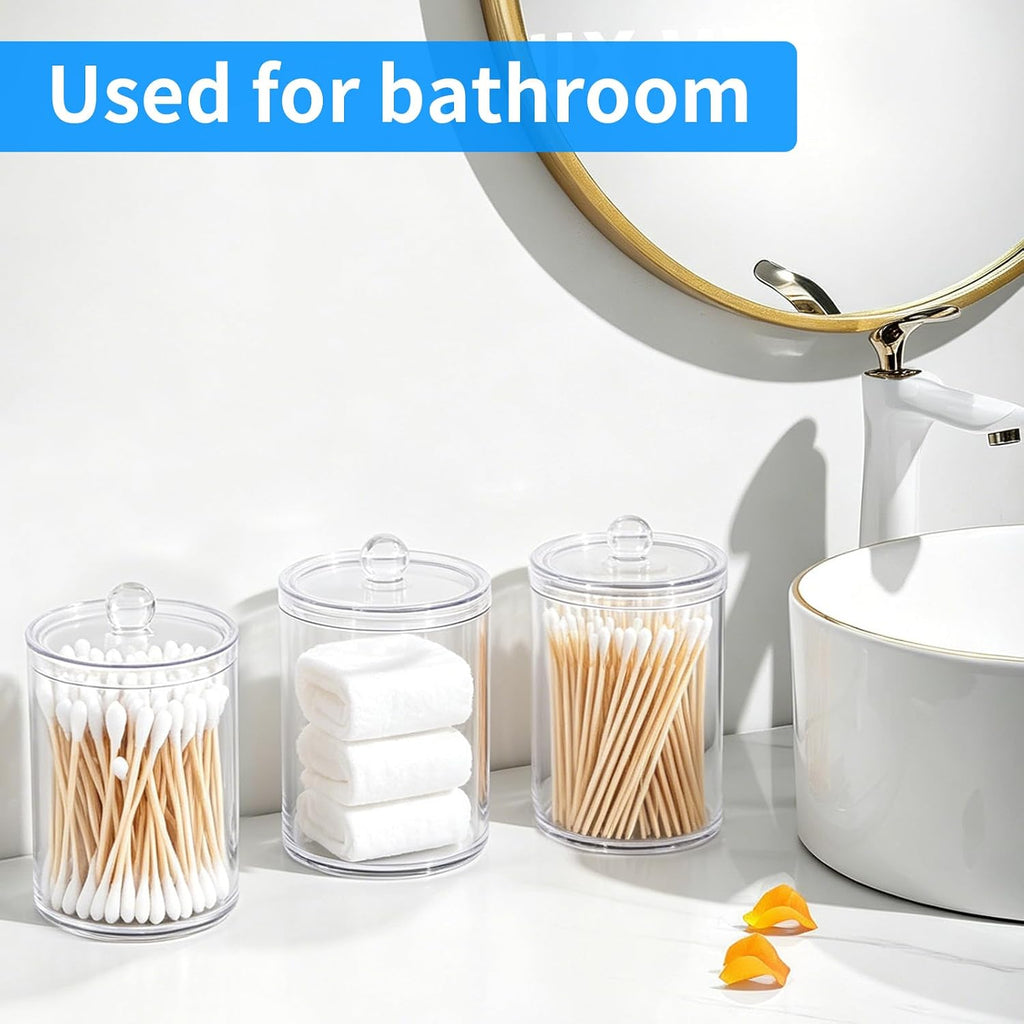 3 Pack Acrylic Qtip Holder Dispenser, Vanity Accessories, Qtip Holder for Cotton Ball, Swab and Floss, Small Clear Bathroom Storage Jars for Makeup Counter