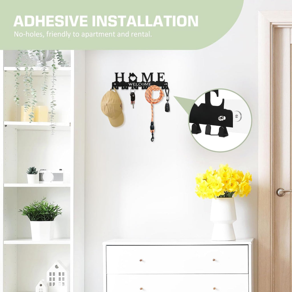 Key Holder Wall Mount, Adhesive Key Hanger with 12 Hooks, Black