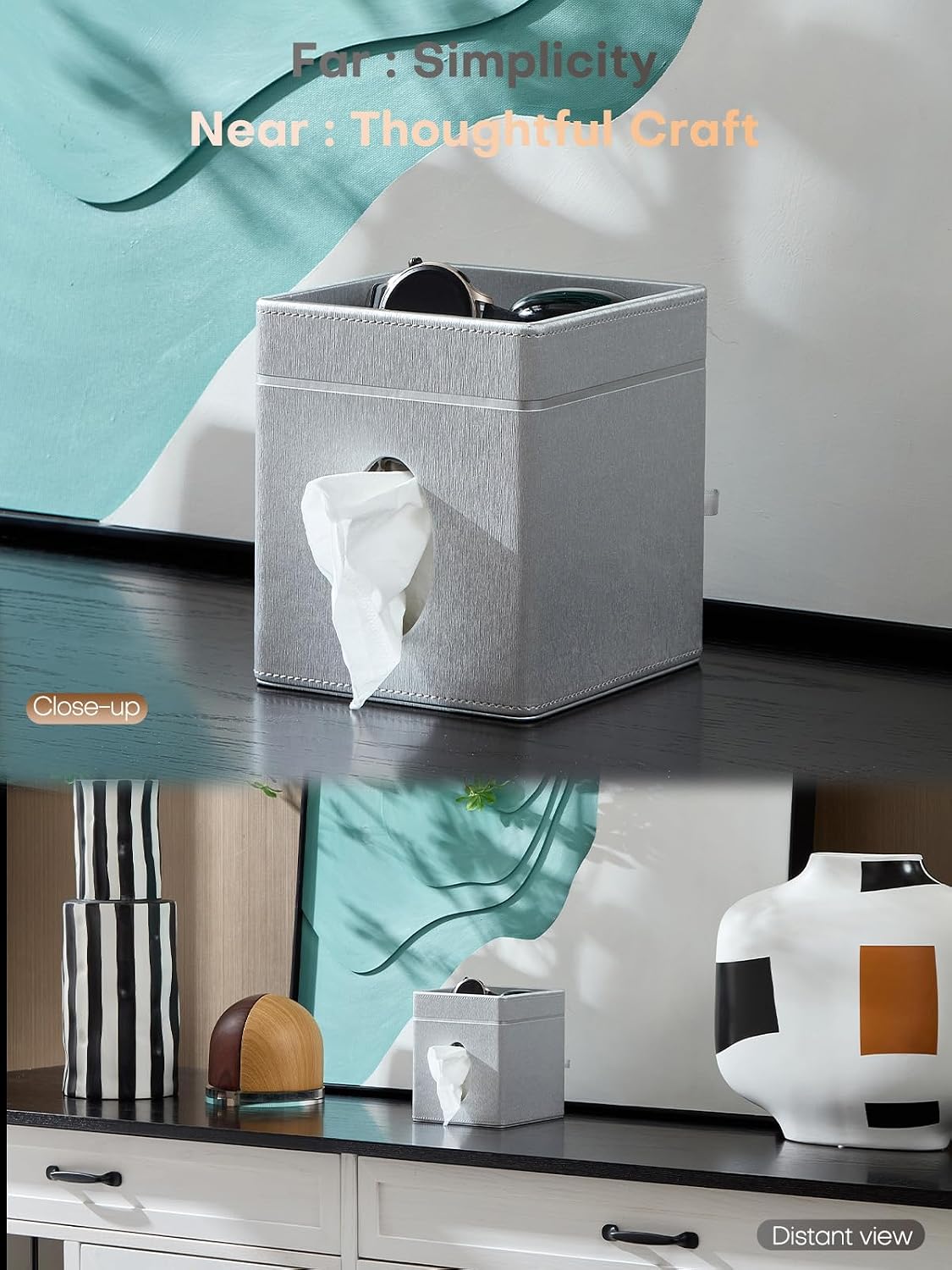 Square Tissue Box Cover Holder with Tray Compatible with Kleenex/Puffs Cubes,Patented Metal-Look PU Leather (Liquid Iridium)