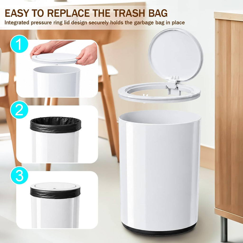 Small Bathroom Trash Can with Lid, 2.1 Gallon Plastic Garbage Can White