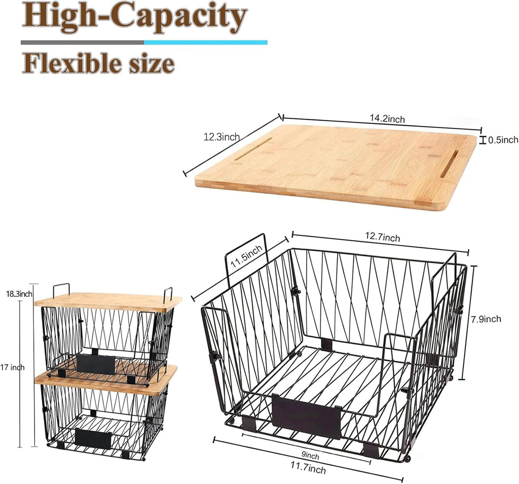 Stackable Wire Baskets with Bamboo Lids for Kitchen Pantry Storage
