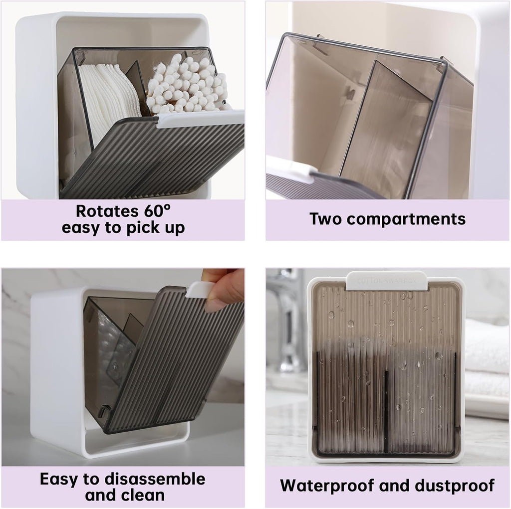 DASITON Wall Mounted Qtip Holder, Cotton Swab Storage Box with Lid, Bathroom Canister Organizer for Cotton Swabs, Balls, Pads, Floss Picks, Waterproof Bathroom Storage Container for Vanity (Grey S)