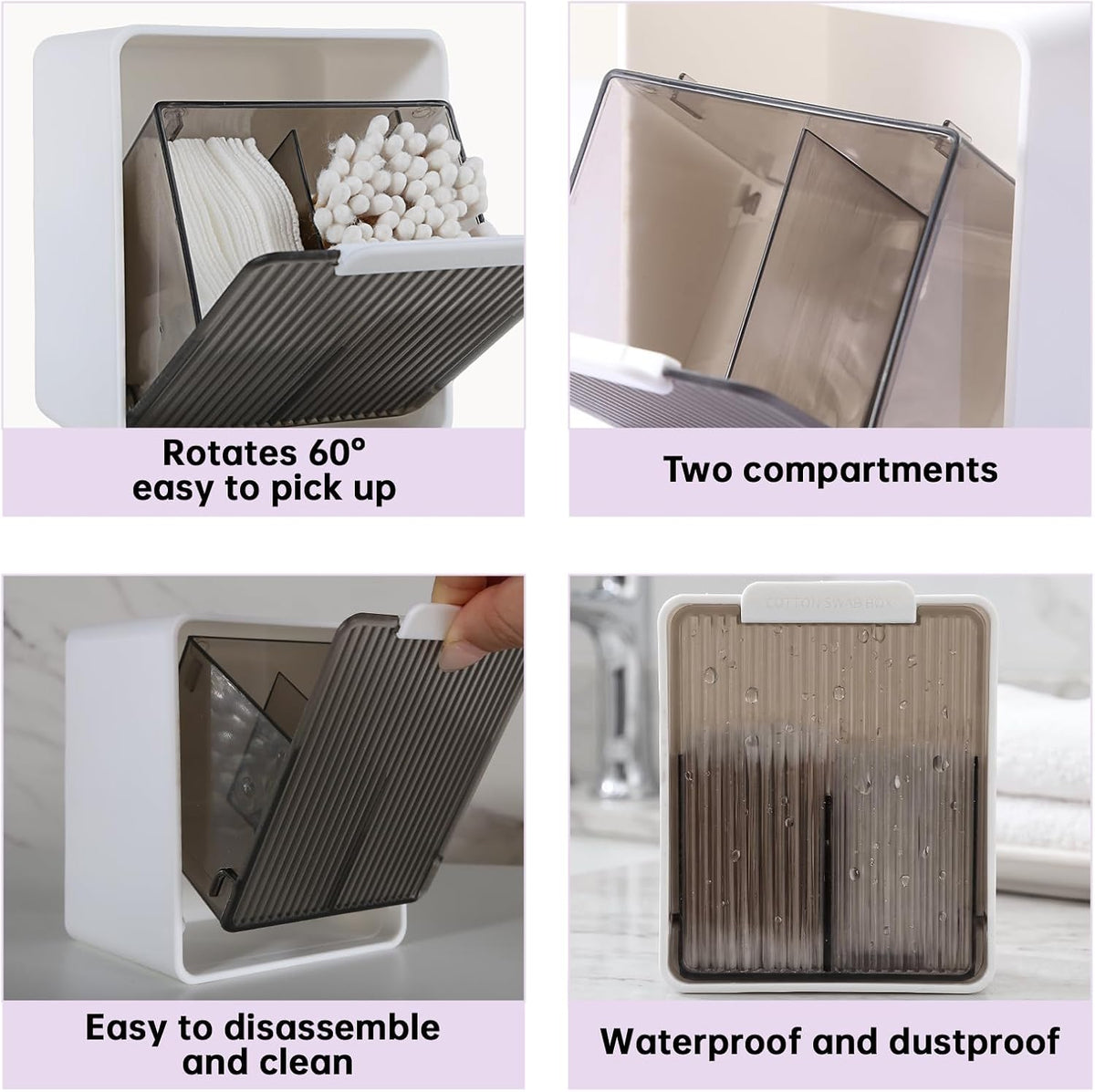 DASITON Wall Mounted Qtip Holder, Cotton Swab Storage Box with Lid, Bathroom Canister Organizer for Cotton Swabs, Balls, Pads, Floss Picks, Waterproof Bathroom Storage Container for Vanity (Grey S)