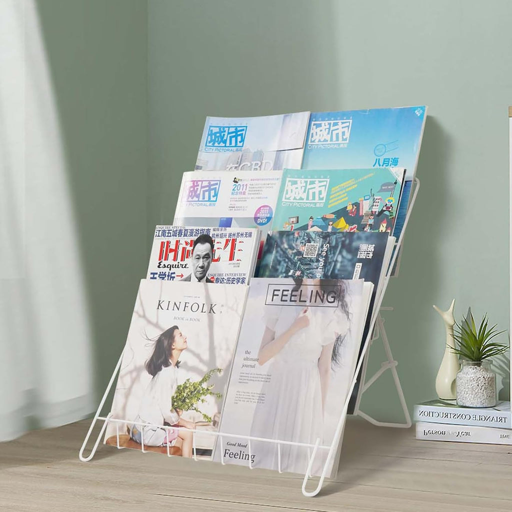 Wire Magazine Rack with 4 Open Tiers, Holds Both Magazines and Brochures, Includes Sign Channel at the Front - White Wire