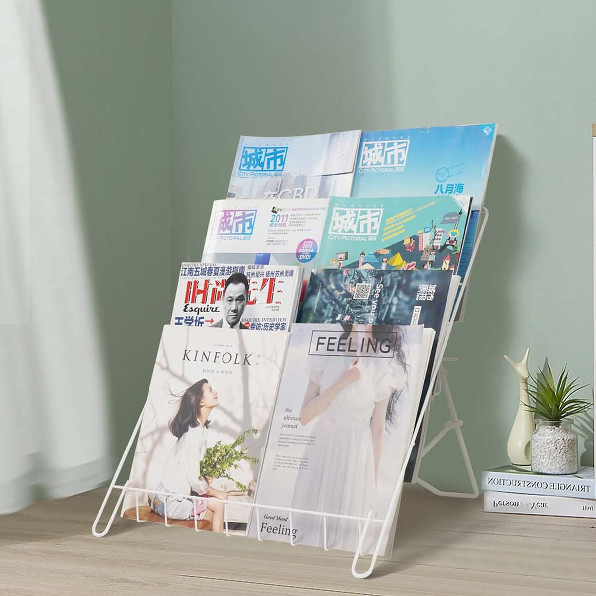 Wire Magazine Rack with 4 Open Tiers, Holds Both Magazines and Brochures, Includes Sign Channel at the Front - White Wire