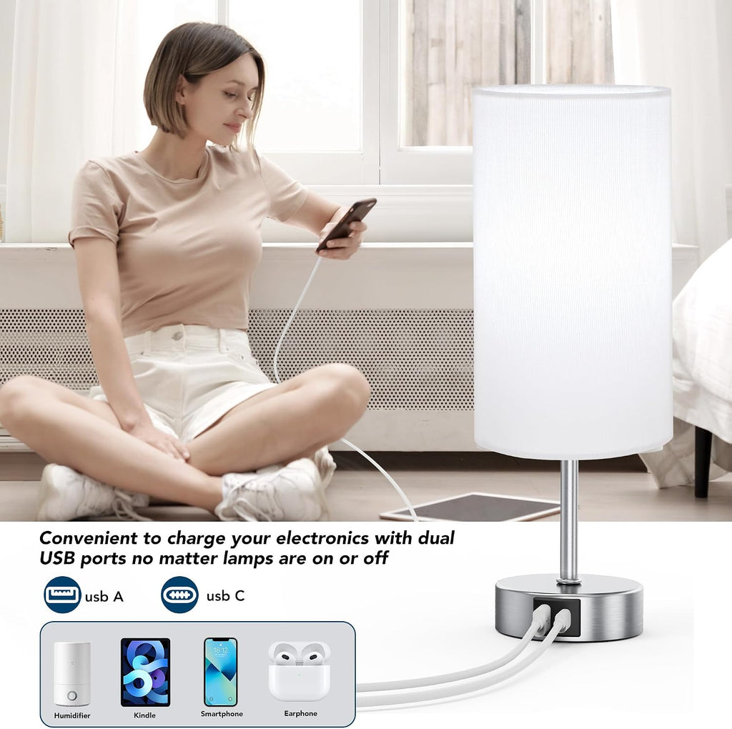 ROTTOGOON 12.8" Touch Control Table Lamp, 3-Way Dimmable Small Bedside Nightstand Lamp with 2 USB Ports, Modern Table Lamps with 6500K Daylight LED Bulb for Bedroom Living Room