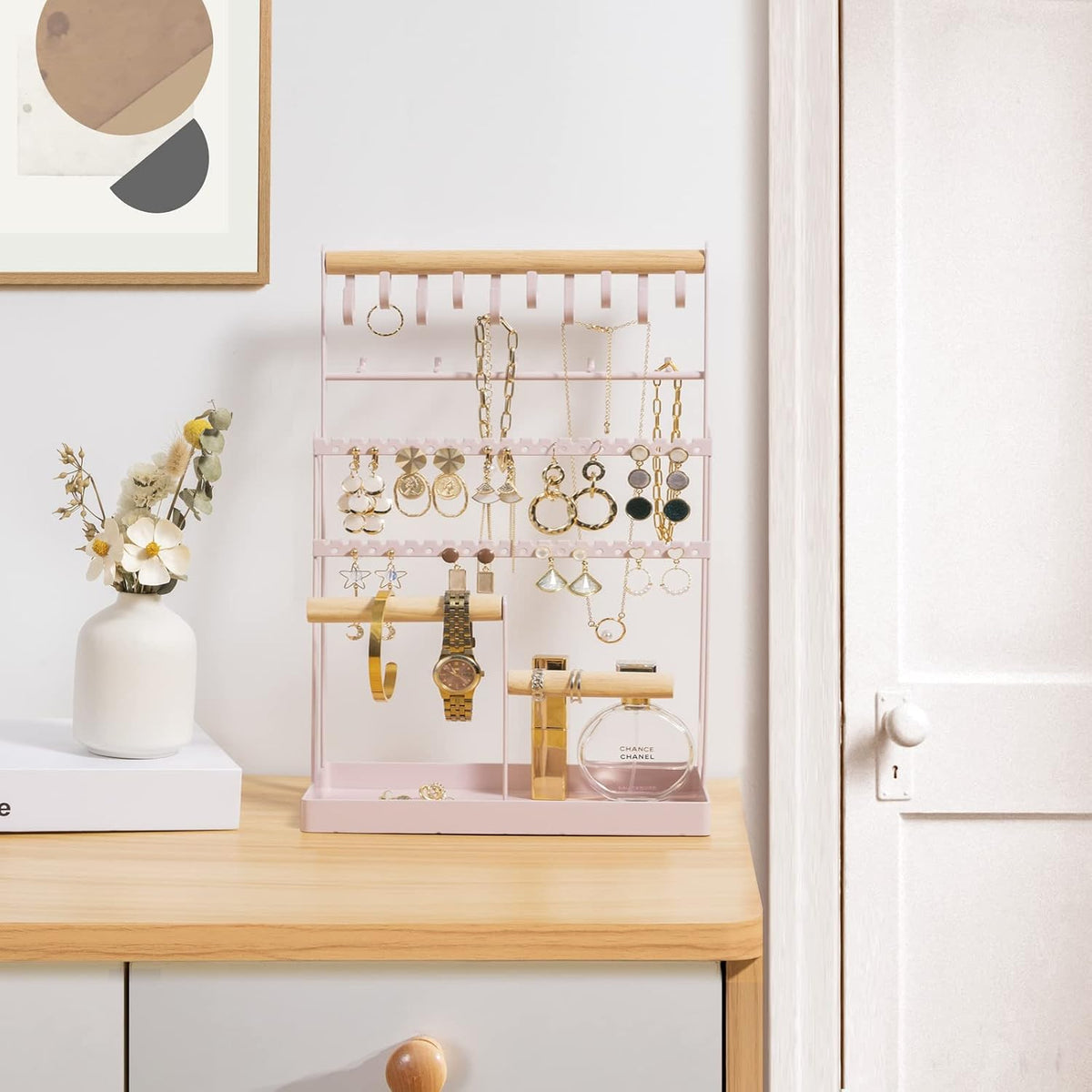 ProCase Jewelry Organizer Stand Necklace Organizer Earring Holder, 6 Tier Jewelry Stand Necklace Holder with 15 Hooks, Jewelry Tower Display Rack Storage Tree for Bracelets Earrings Rings -Pink