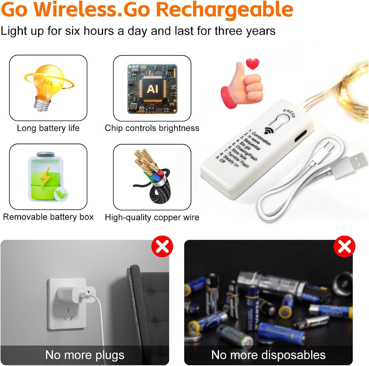6 Pack Rechargeable Fairy Lights,7ft 20LEDs, Remote & DIY Timer