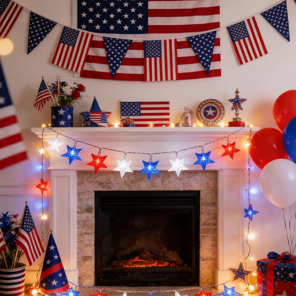 50 LED Patriotic Star String Lights 16FT with Clear Wire, Waterproof Battery Operated Box, 8 Lighting Modes, Perfect Patriotic Lights for National Day Holiday Garden Party Decor