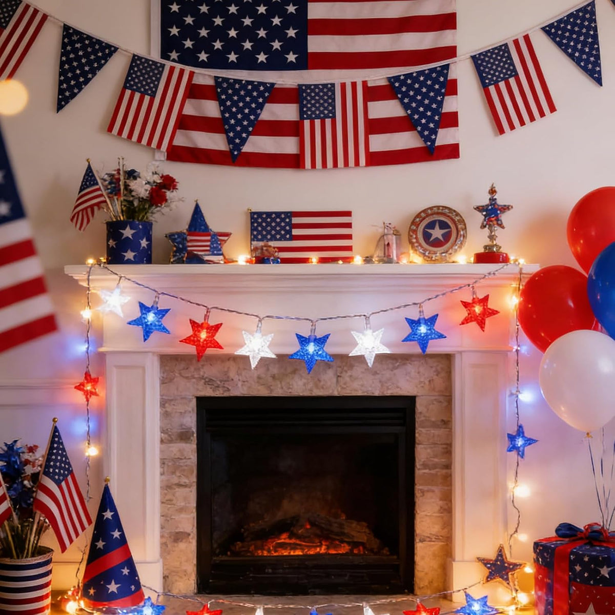 50 LED Patriotic Star String Lights 16FT with Clear Wire, Waterproof Battery Operated Box, 8 Lighting Modes, Perfect Patriotic Lights for National Day Holiday Garden Party Decor