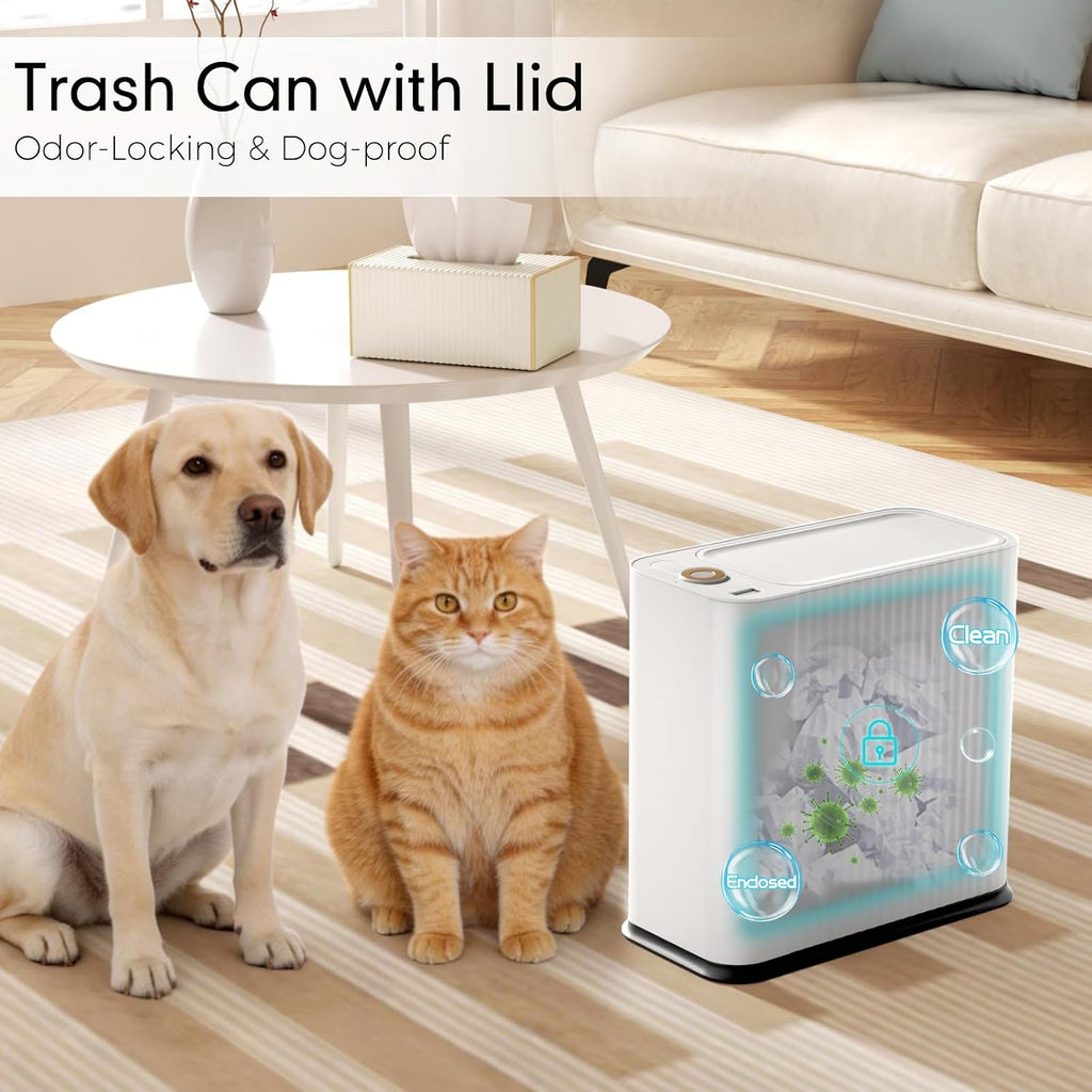 Bathroom Trash Can with Lid and Tissue Box Cover Set 13 L/ 3.5 Gallon White Trash Can with Pop-Up Lid Small Garbage Can for Bathroom Bedroom Office Kitchen