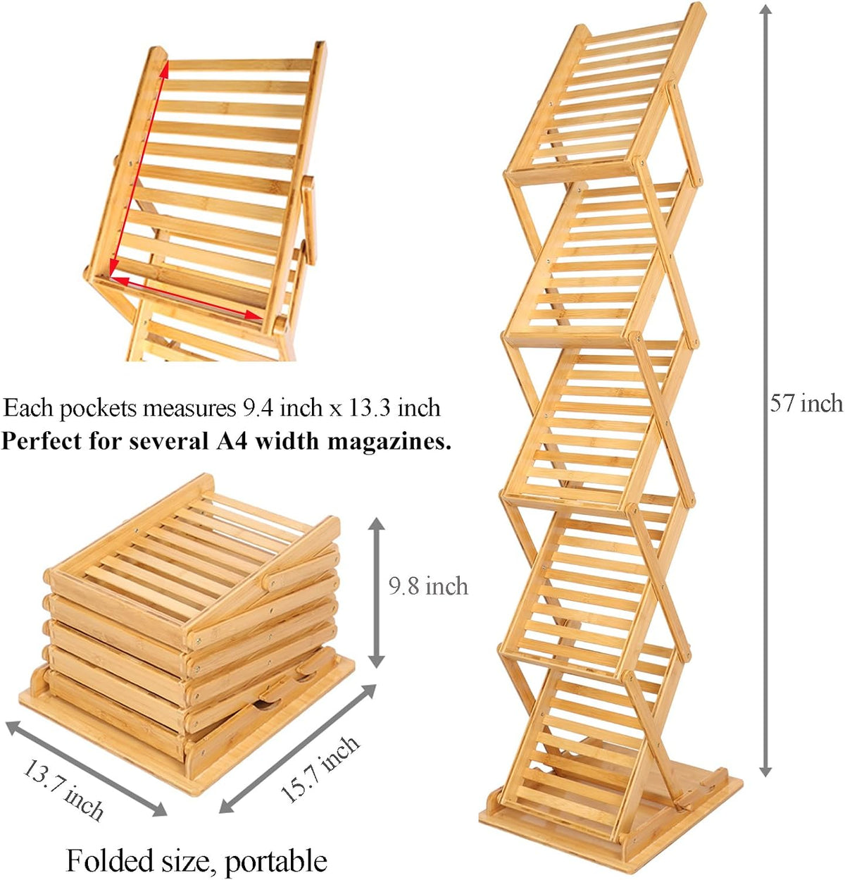 DuvinDD Foldable Bamboo Magazine Rack Floor, A4 Size, 57 inch Tall