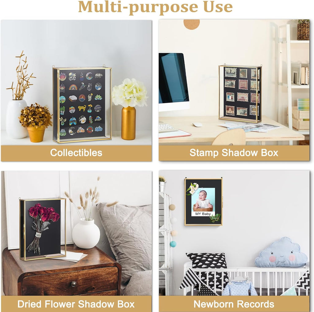 ELLDOO Shadow Box Frame 8x10inch - Glass Display Case with Black Foam Backplane and Pins for Tabletop and Wall Display, Gold Metal Keepsakes Memory Box for Wedding Bouquet Memorabilia Medals Photos