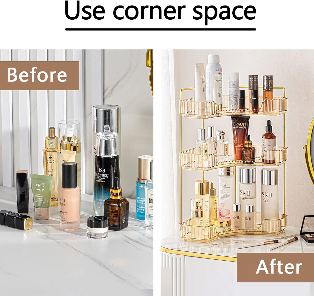 shuang qing 3-Tier Corner Bathroom Counter Organizer – Classic Storage Shelf for Makeup, Perfume & Toiletries, Space-Saving Countertop Tray Fits Bathroom, Dresser, Kitchen (Vintage Gold)