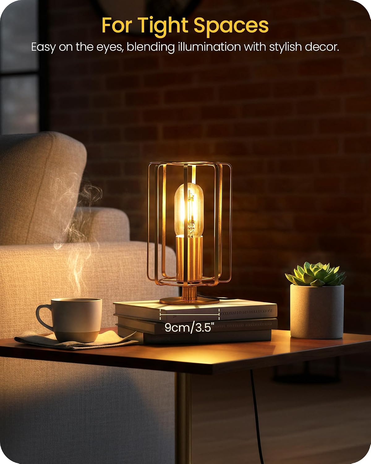 Industrial Table Lamp, 8.5" Small Brass Table Lamp with Dimmable 2400K Warm Light LED Bulb, Vintage Brass Desk Lamp, Gold Bedside Lamp for Bedroom, Study, Office, Small Space, D05TL05