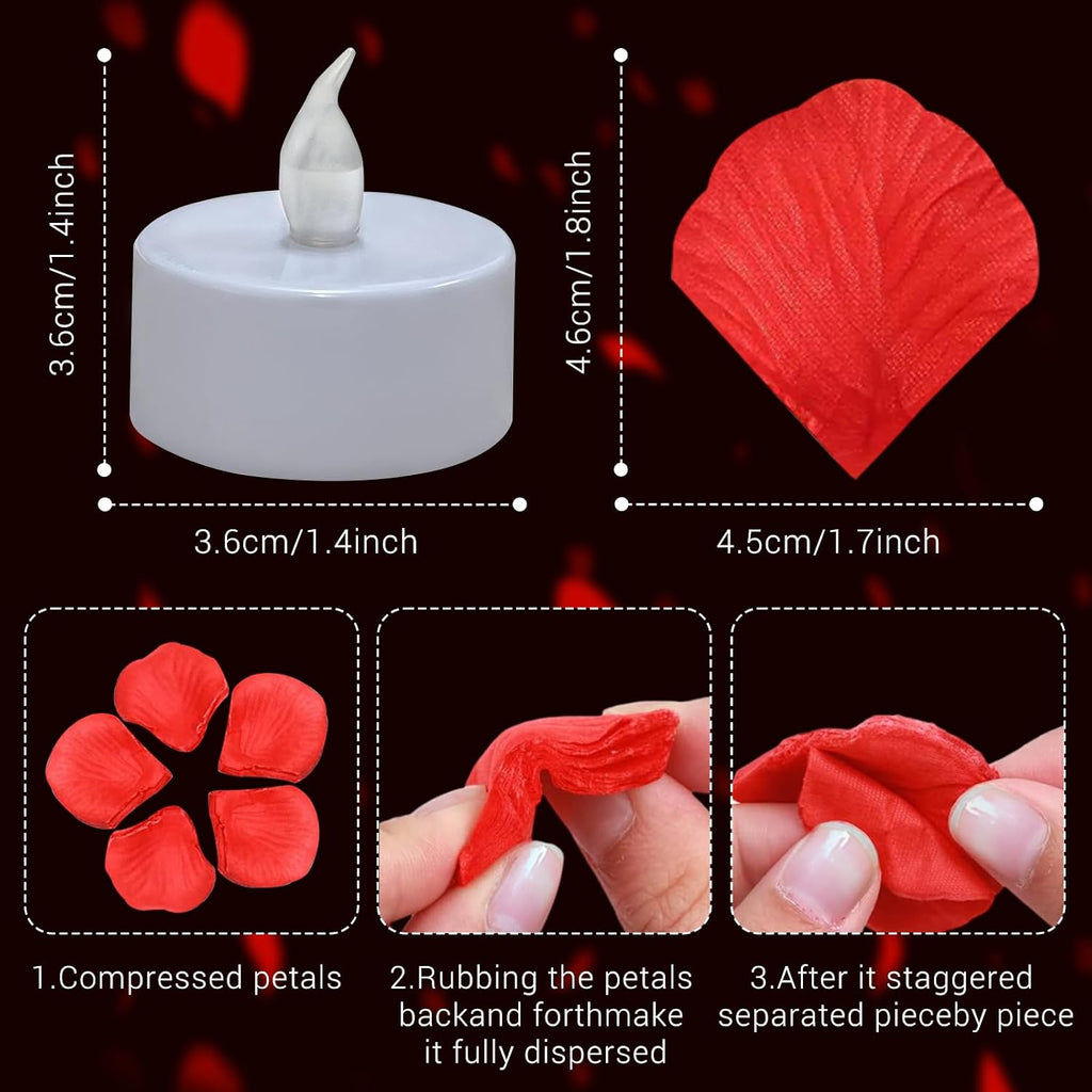 500 Pcs Red Rose Petals with 12 Red LED Tea Lights Candles Set, Artificial Rose Petals and Flameless Candles Set for Anniversary, Valentine's Day, Wedding Christmas Decor