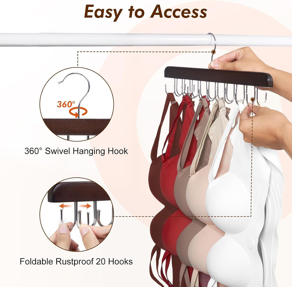 HOUSE DAY Belt Hanger for Closet 1 Pack, 20 Hooks Bra/Tie/Tank Top Hanger, Space Saving Hangers Storage Max 20 Belts/Ties, Sturdy Wooden Belt Rack Closet Accessories