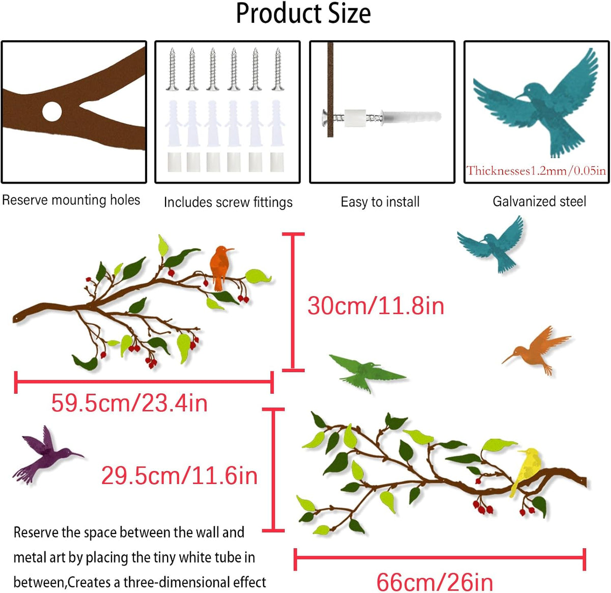 Harikikochuu 4PCS Metal Birds Wall Art, Birds on the Branch Silhouette Art, Metal Leaves with Hummingbirds Outdoor Wall Art for Home Office Balcony Garden Decor (Colorful, Hummingbirds)