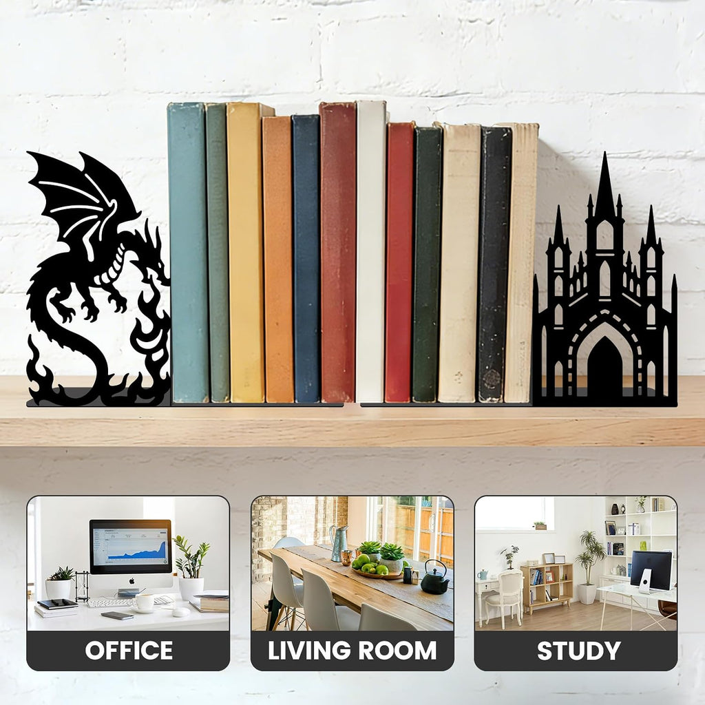 2pcs Castle Dragon Metal Bookends Middle Ages Heavy Duty Adjustable Book Stopper for Shelves and Desk Decorative Black Bookends for Heavy Books Cookbooks Vinyl Records with Non-Slip Pads