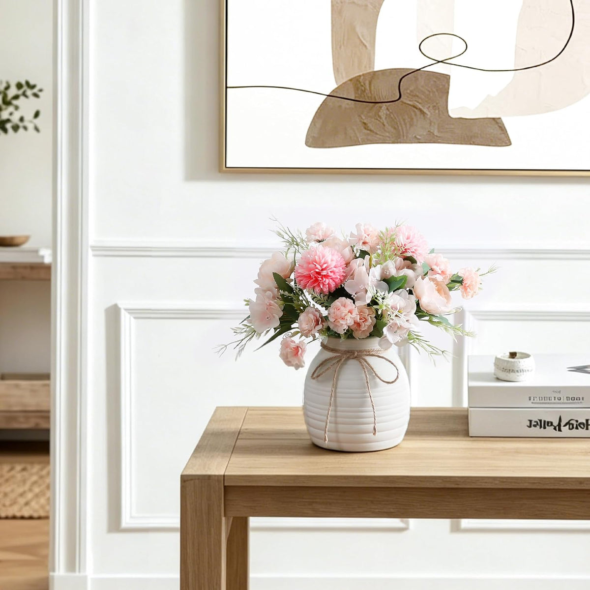 Artificial Flowers with Ceramic Vase, Faux Silk Peony & Hydrangea Bouquet
