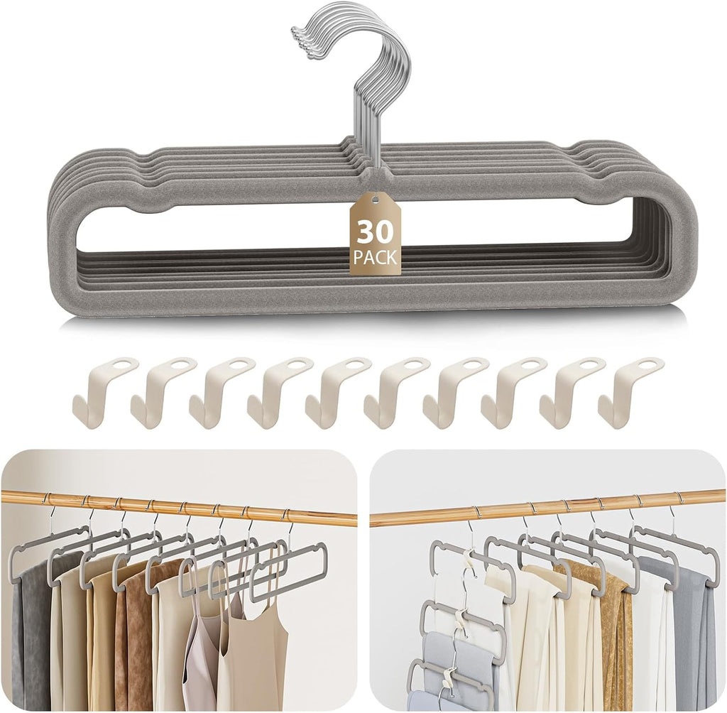 Velvet Felt Pants Hangers 30 Pack, with Cascading Hooks (Gray)