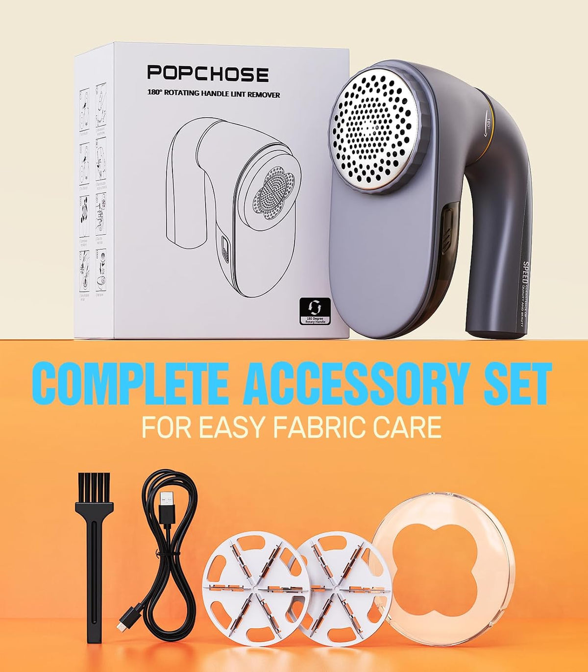 POPCHOSE Fabric Lint Shaver, 6-Leaf Blades & 2 Speed, 2000mAh Rechargeable