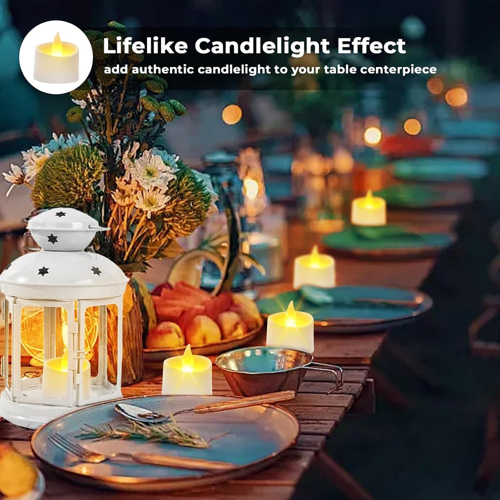 Realistic Flameless LED Tea Lights - Battery-Powered Dancing Flame Candles for Weddings, Halloween, Votives | Safe Child-Resistant, Flickering Ambiance Decor (White Base, 100 Pack)