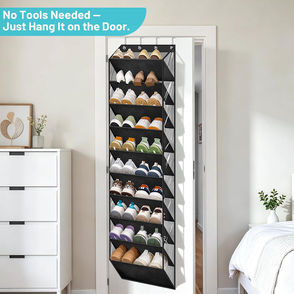 AOODA 10 Tier Clear Over the Door Shoe Organizer Storage, Deep Pockets Large Hanging Shoe Rack for Closet Door, Fit 20 Pairs Shoe Holder Hanger for Sneakers, Boots (Black)