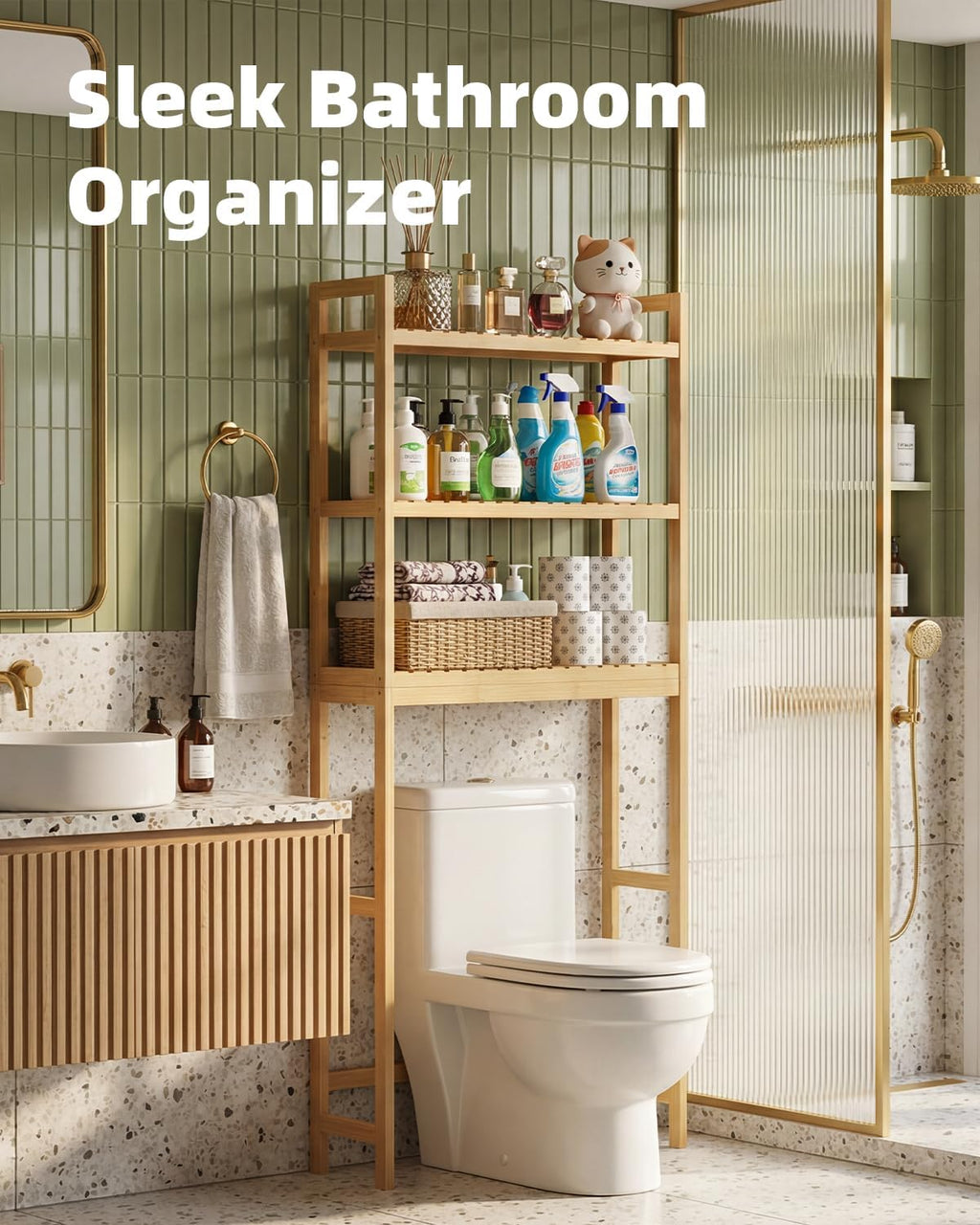SMIBUY Bathroom Storage Shelf, Bamboo Over-The-Toilet Organizer Rack, Freestanding Toilet Space Saver with 3-Tier Adjustable Shelves (Natural)