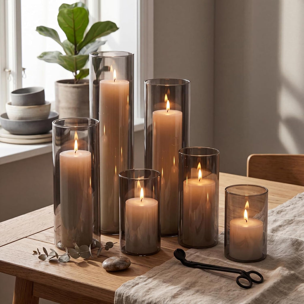 Shihanee 6 Glass Cylinder Vase Pillar Candle,White, Smoky Black,Set of 6