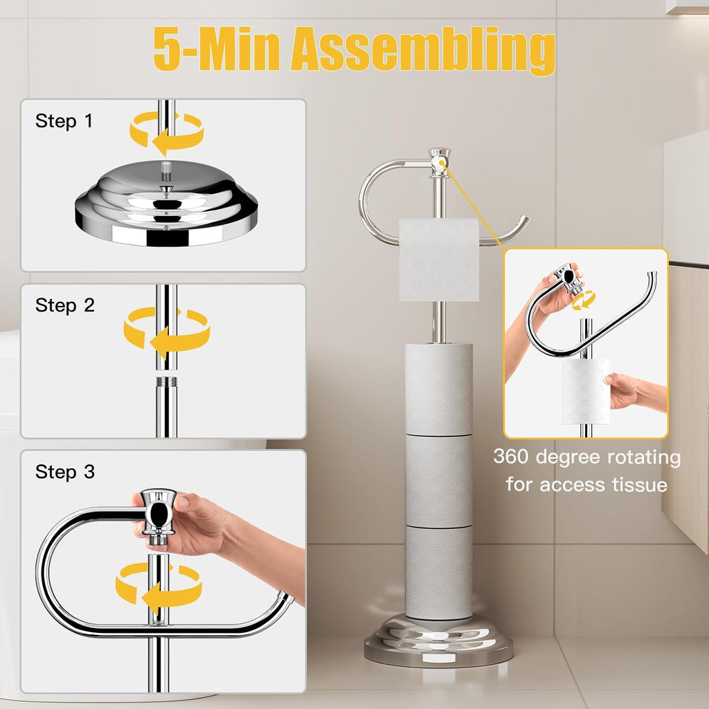 BESy Toilet Paper Holder Floor Stand, Bathroom Freestanding Chrome