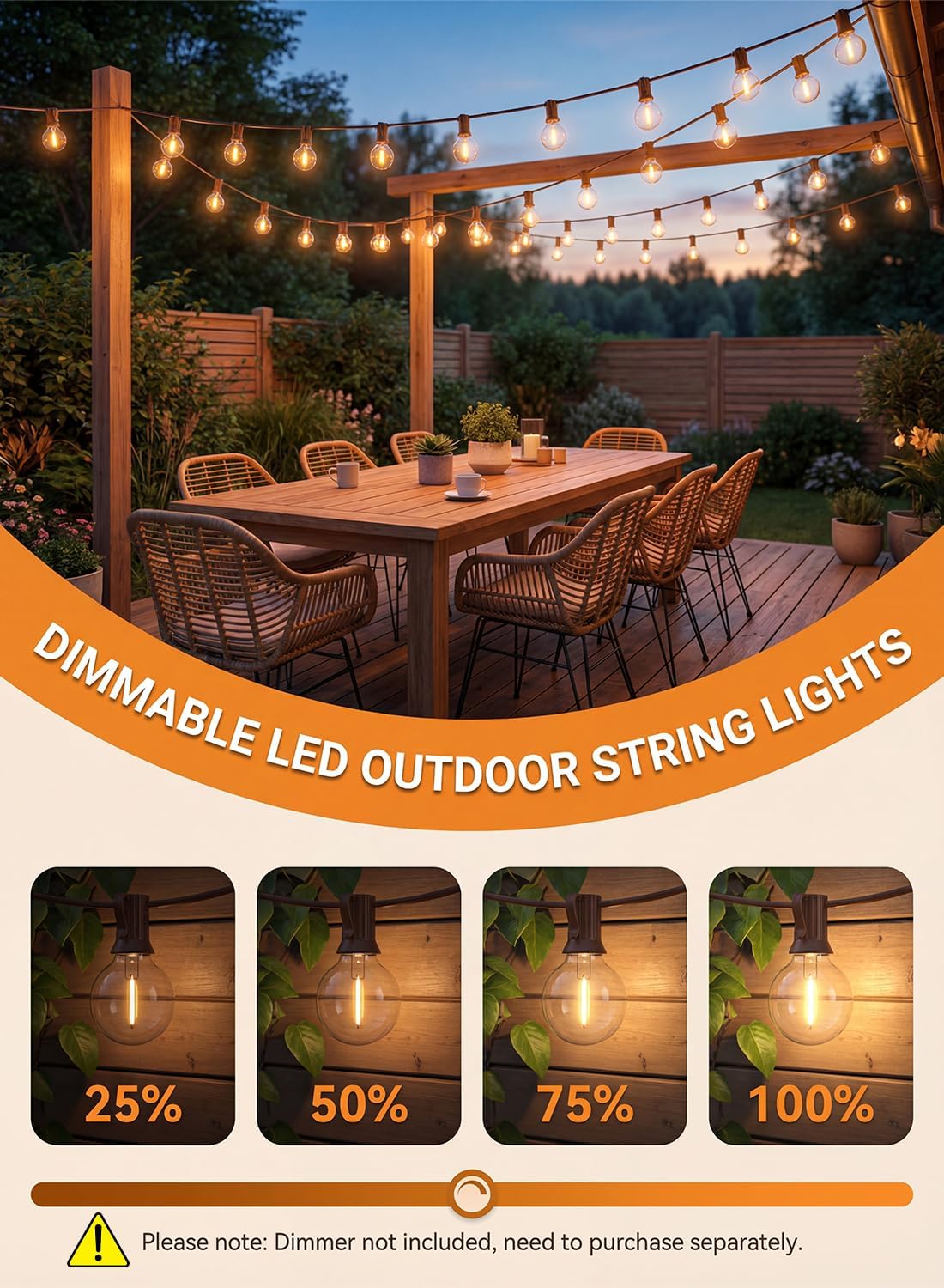 25FT G40 LED Brown Outdoor String Lights with 25 Plastic Shatterproof Bulbs