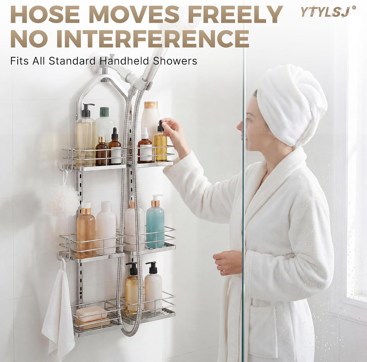 3-Tier Hanging Shower Caddy for Handheld Showerhead, Silver