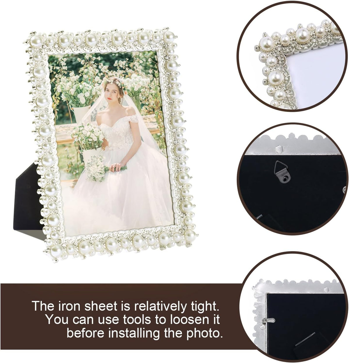 DIKAR 5x7 Wedding Picture Frame, Pearl and Diamond Ornate, Gold Edge