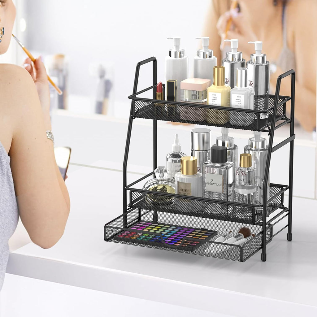 2-Tier Bathroom Counter Organizer with Drawer, Bathroom and Makeup Organizer Countertop, Easy to Install, Ideal for Bathroom organizer, Vanity, Large Skincare, Perfume, Present, and More,Black