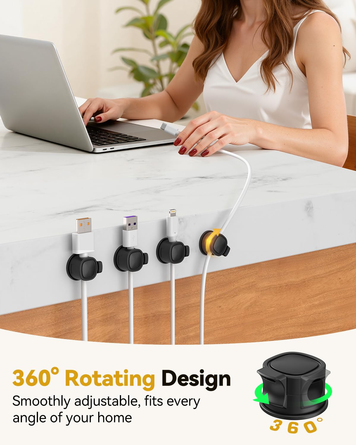 8Pack Rotatable Cord Organizer, INCHOR Cable Organizer, Spring Cable Clips with Clasp Lock, Smooth Adjustable Cord Holder for Nightstand Car Home Office (Black)