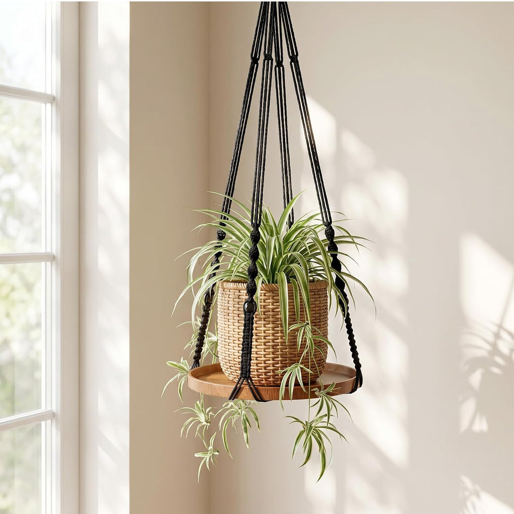 Macrame Plant Hanger 2 Pack, Hanging Planter Shelf Set with Wood Tray for Indoor Plants, Boho Home Decor (Black, Large & Medium)