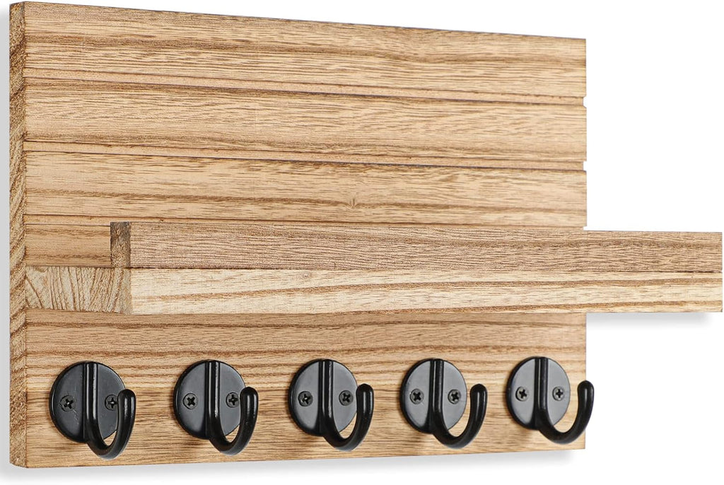 Lwenki Key Holder for Wall, Decorative Key and Mail Holder with Shelf Has Large Key Hooks for Bags, Coats – Paulownia Wood Key Hanger with Mounting Hardware (9.8”W x 6.7”H x 4.2”D) (Burnt Wood)