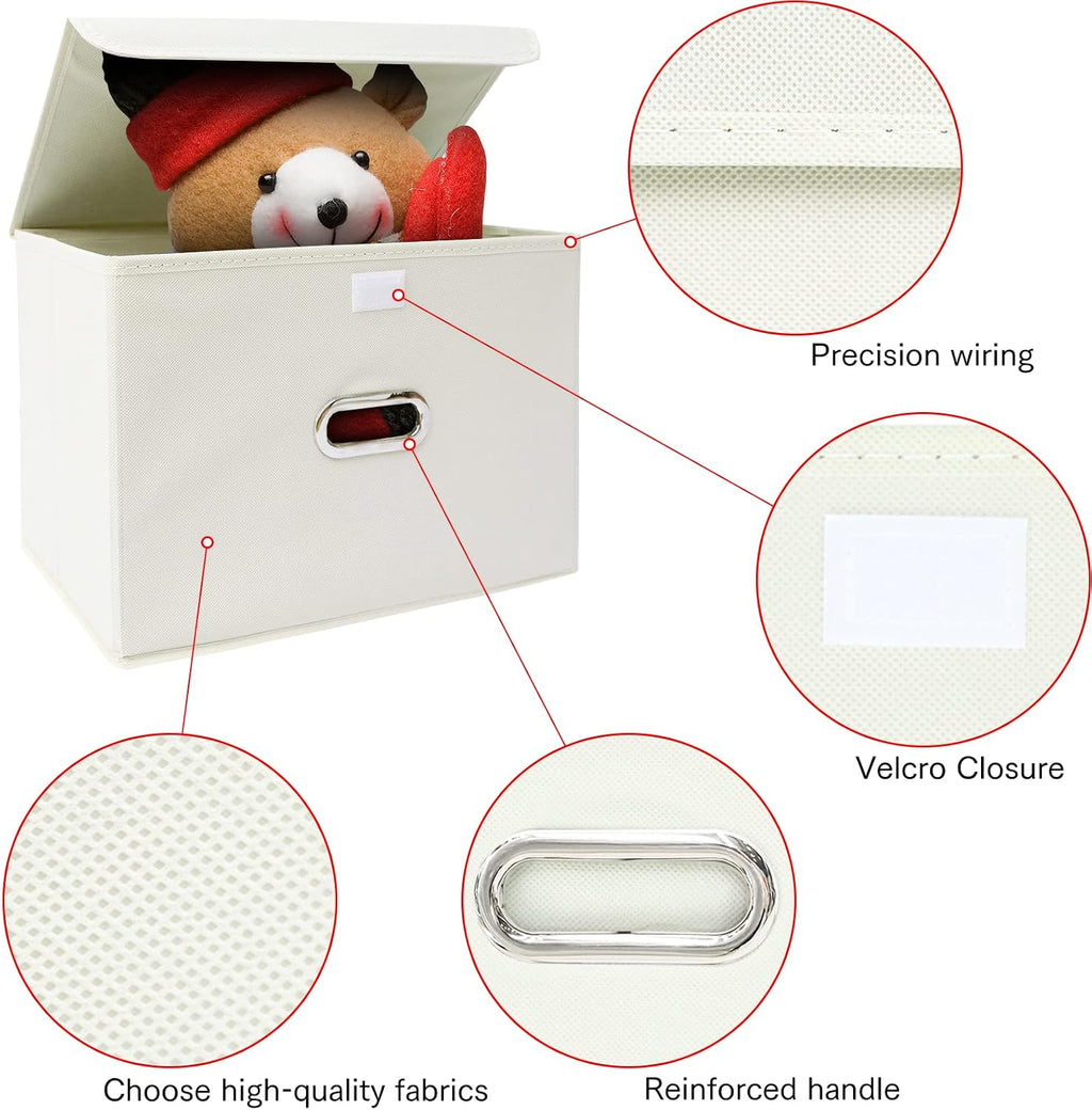 Fabric Foldable Collapsible Storage Cube Bin Organizer Basket with Lid, Handles, Removable Divider for Home, Closet (Creamy-White, 6Pcs)