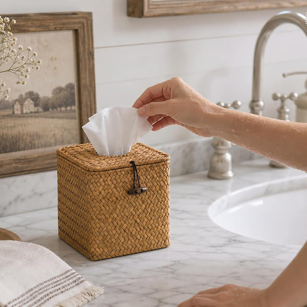 Seagrass Tissue Box Cover Square, Woven Wicker Tissue Box Holder, Orange