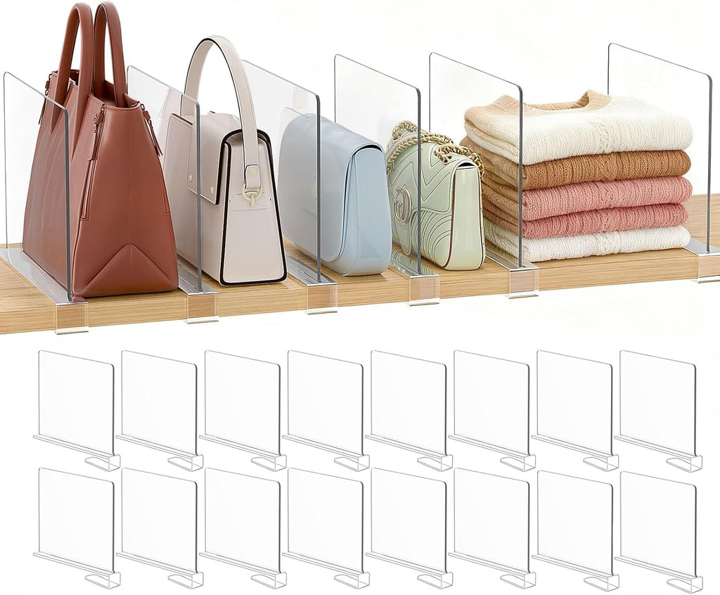 Purse Organizer for Closet Shelf Dividers: Clear Acrylic 16-Pack