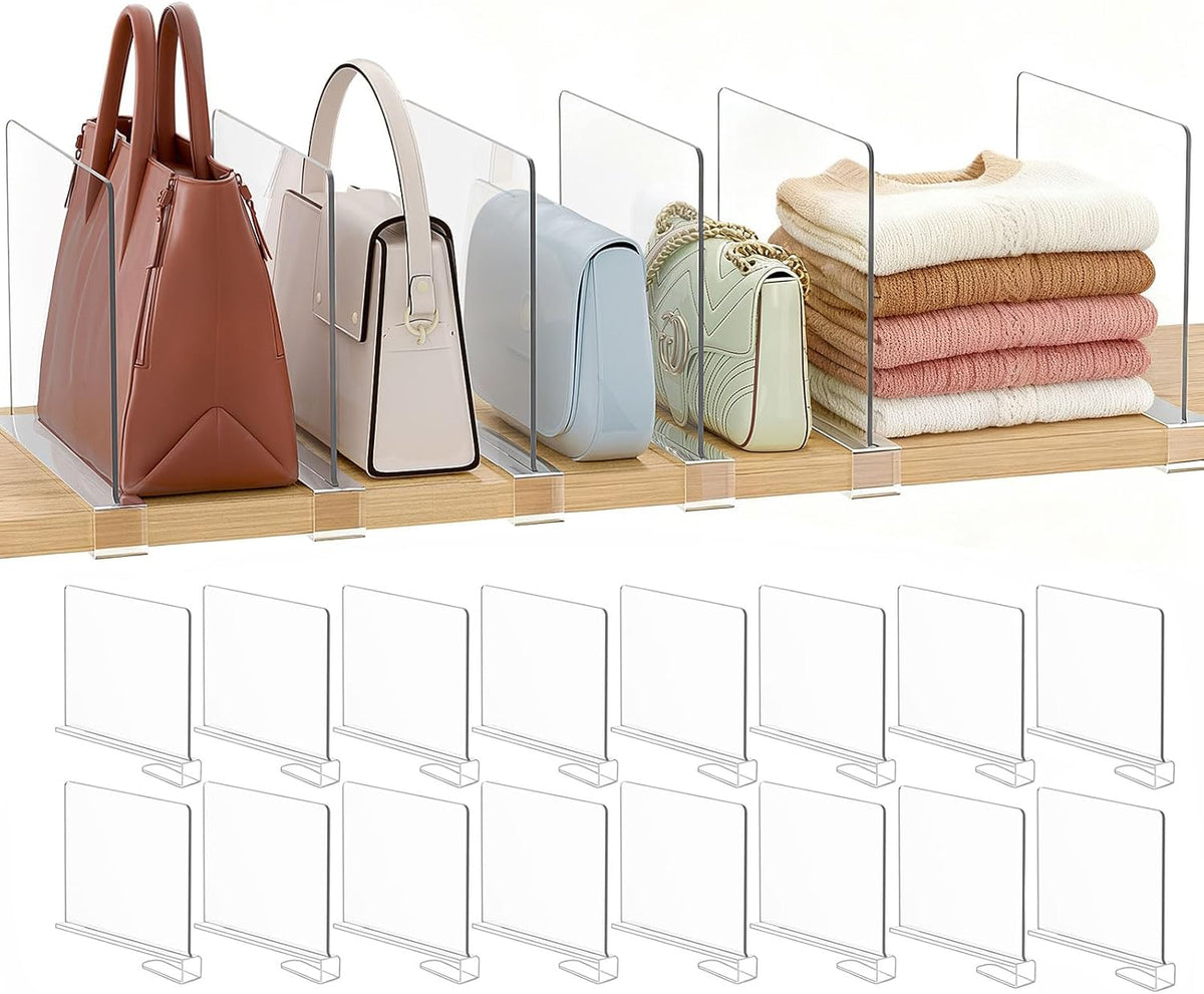 Purse Organizer for Closet Shelf Dividers: Clear Acrylic 16-Pack
