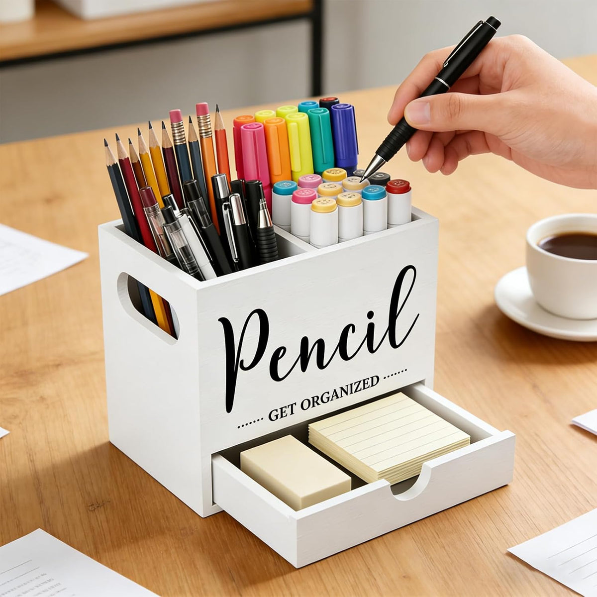 Pen Holder for Desk, Wood Pencil Organizer with Drawer, 2 Slots Dual-Purpose Desk Organizers Marker Holder Art Supplies for Home, Office(White)