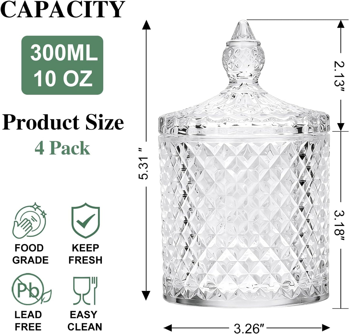 4 Pack Crystal Glass Apothecary Jars with Lids, Qtip Holder Set