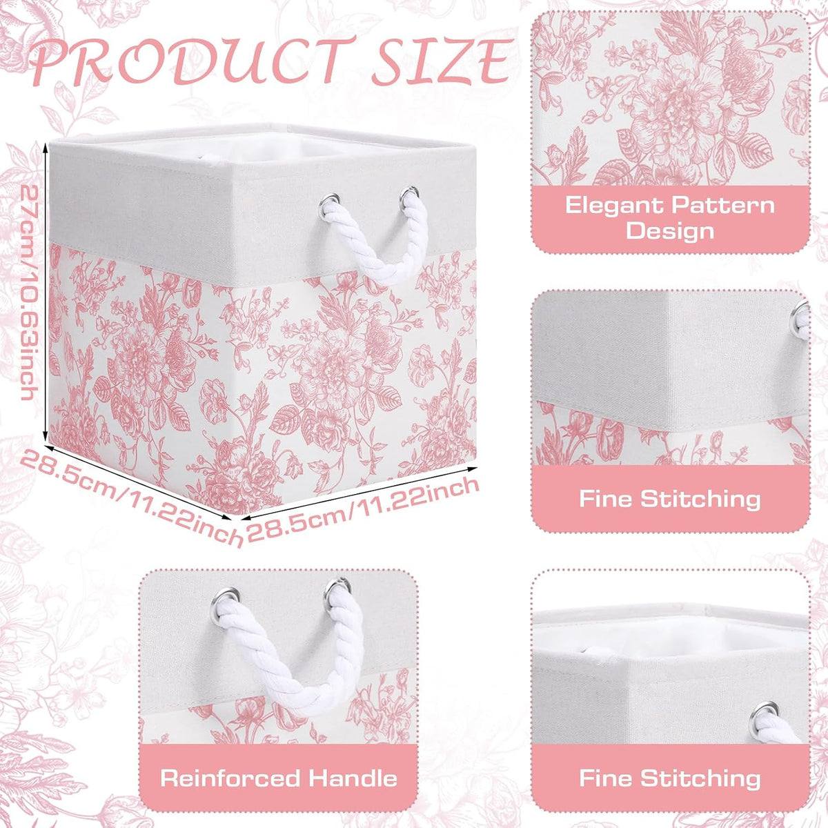 Pink Floral Cube Storage Bin Set of 6 Cube Storage Basket, 11.22 Inch