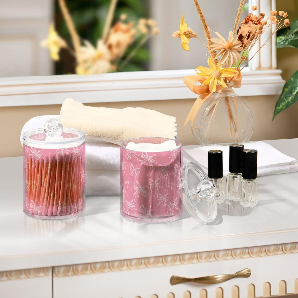 Pink Bows Qtip Holder for Cotton Ball Swab Acrylic 2 Packs
