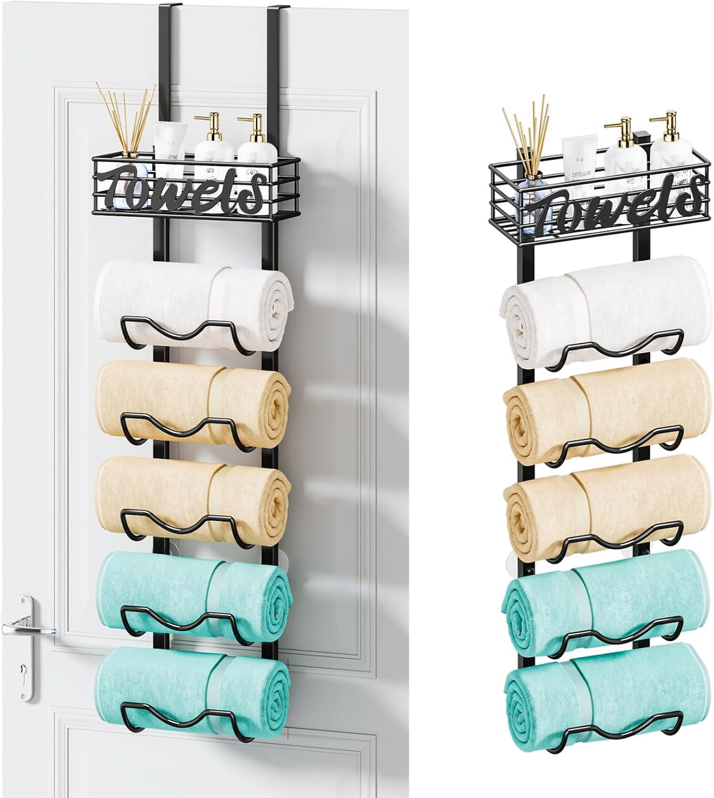 HapiRm Over The Door Towel Rack - 6 Tier Wall Mount Rolled Towel Holder Storage Organizer Shelf with Storage Basket for Small Bathroom, Rv, Camper - Black