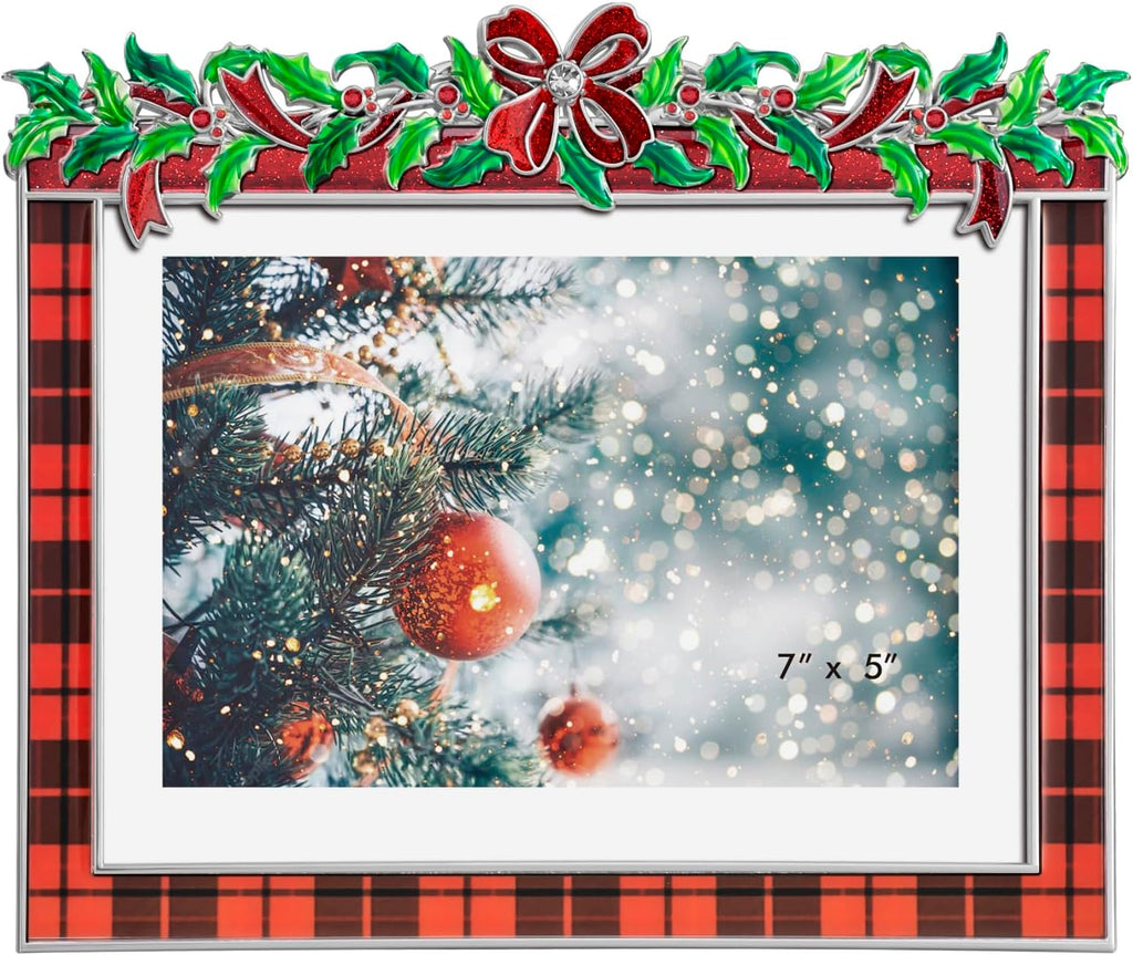 Christmas 5x7 Picture Frame Christmas Metal Display Photo Frames with Rhinestone High Definition Glass Front Gift Ideas Tabletop Home Decorative (Red Grid)